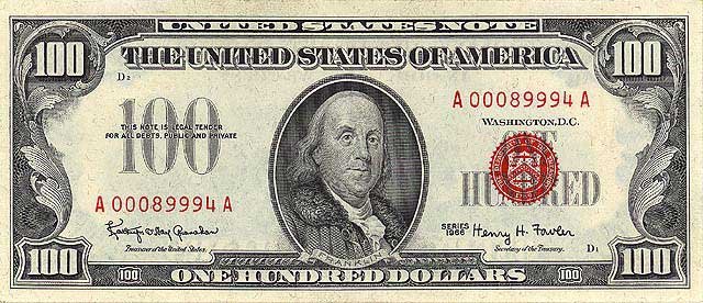 1966 $100 US Legal Tender red seal note
